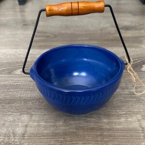 Blue Ceramic Bowl with Wooden Handle